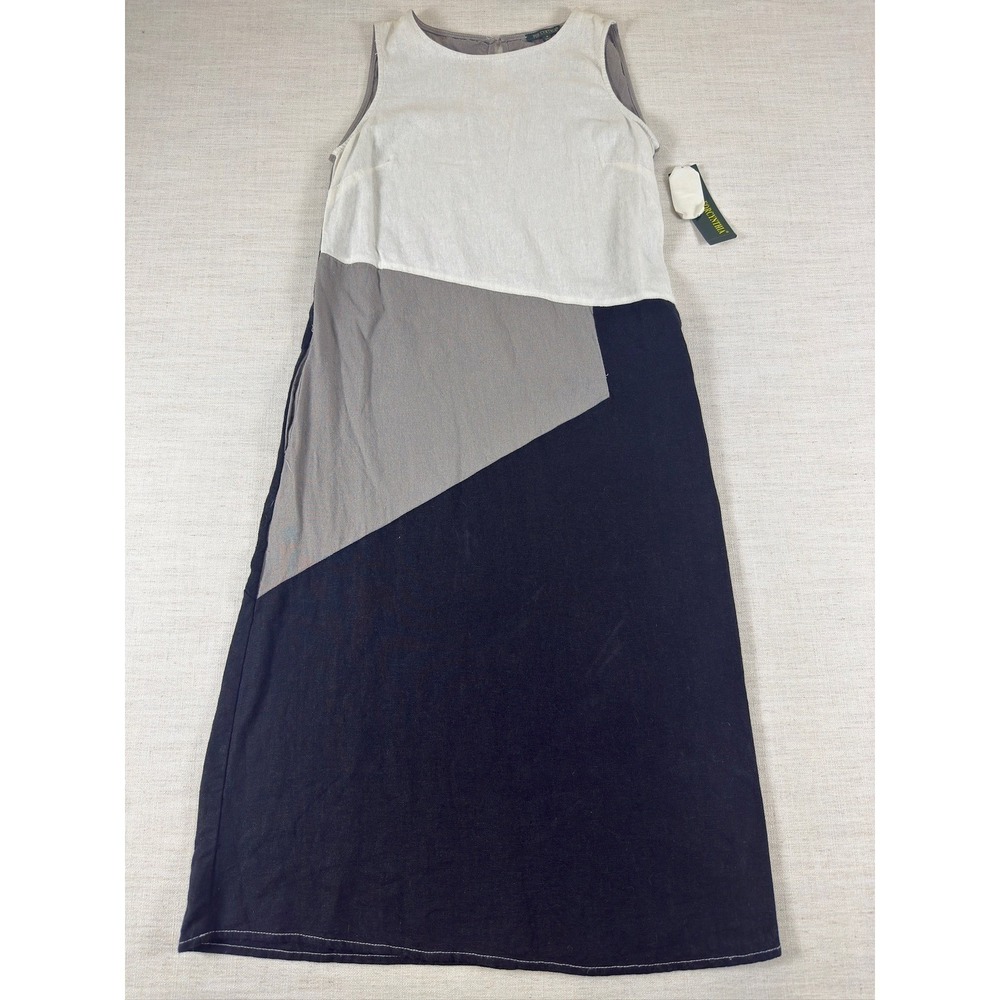 NWT For Cynthia Womens Small Linen Blend Colorblock Sleeveless Maxi Dress Navy